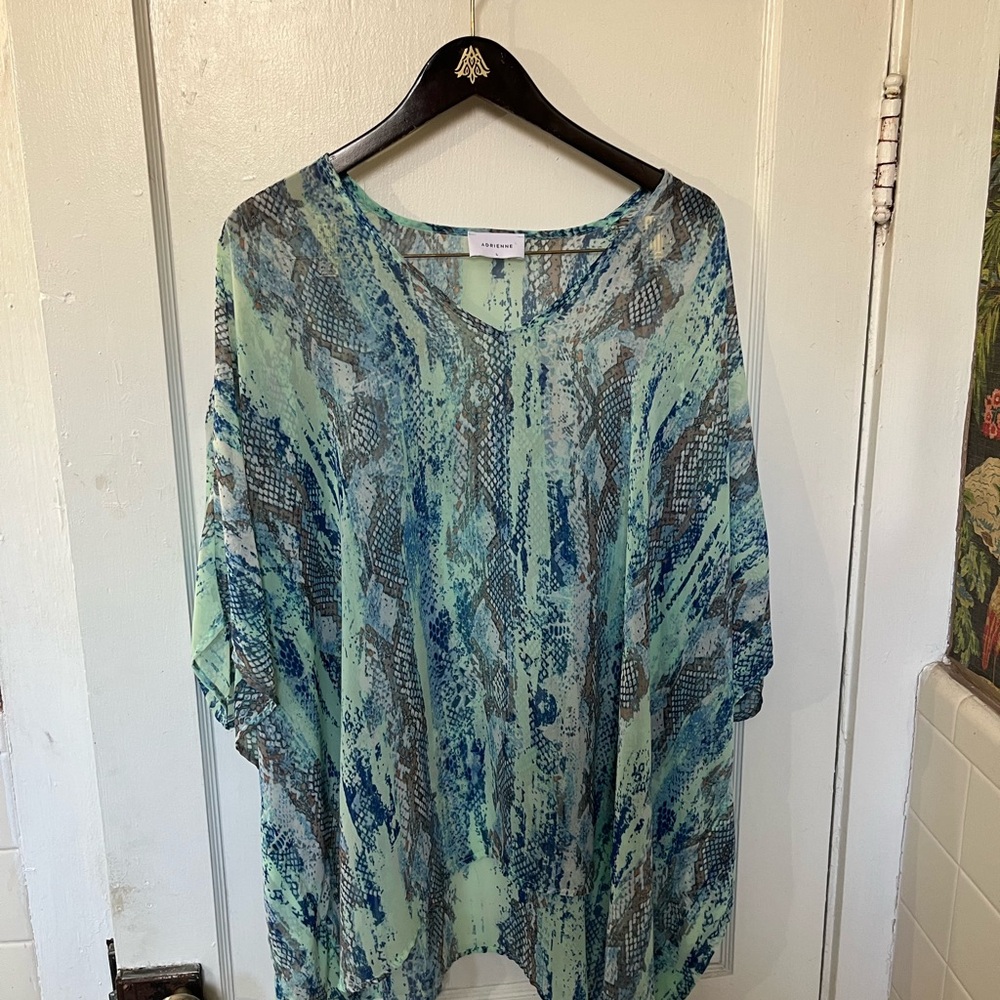 ADRIENNE Blue Teal Snake Print Kaftan Top Tunic L